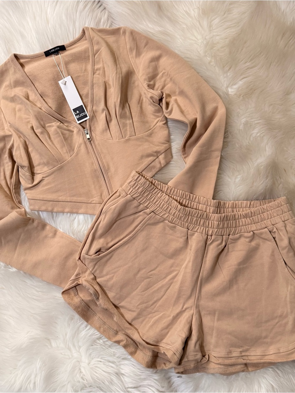 LA BELLE Nude Zip-Front Crop Jacket & Elastic Waist Shorts Set